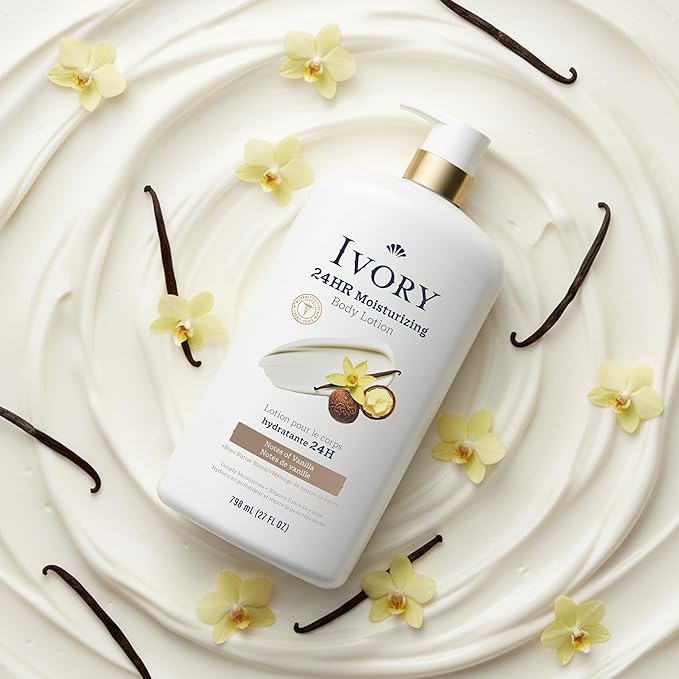 Ivory Hand & Body Lotion + Body Wash Bundle, Vanilla Scent, 24hr Moisturizing & Nourishing Hydration, Repairs and Soothes Extra Dry & Itchy Skin, Made with Shea Butter Blend, 27 fl oz (Pack of 2)