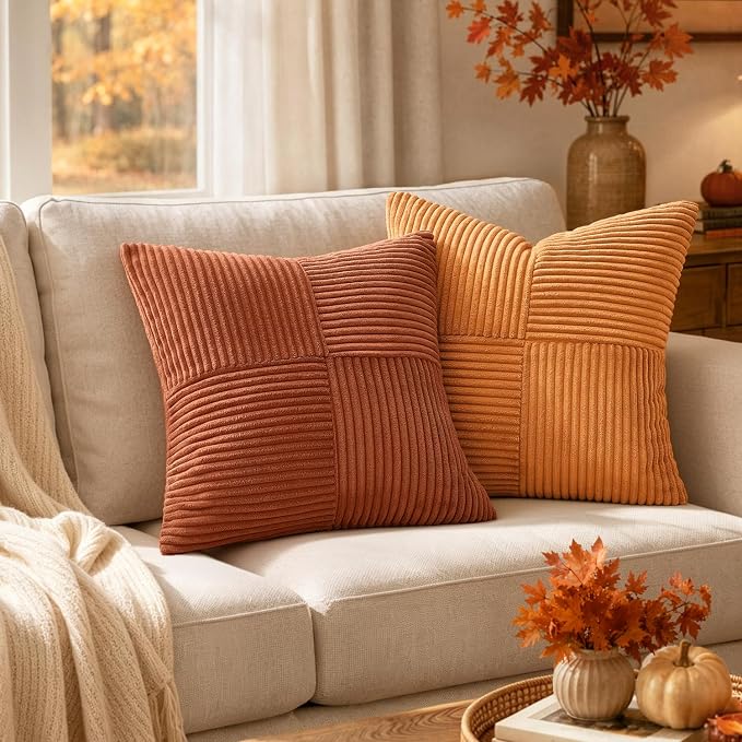MIULEE Fall Burnt Orange Decorative Throw Pillow Covers for Couch 20x20 in | 2 Pack, Boho Farmhouse Pillow Covers, Soft Cross Corduroy Patchwork Textured Cushion Cases For Bed Sofa