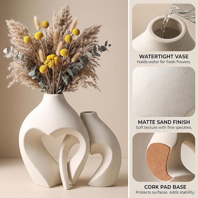 White Ceramic Flower Vase Home Table Decor Heart Shaped Vase Set of 2 | Boho Heart Shaped Minimalist Decorative Vases for coffee Table Centerpiece Wedding Dining Living Room Office House Decoration