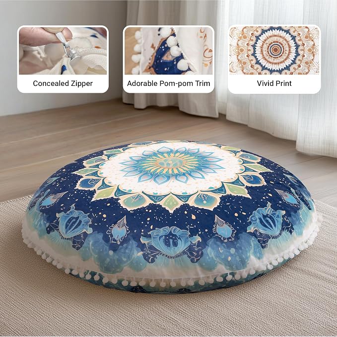 Meditation Cushion 32 Inch Round, Large Floor Pillow Seating for Adults, Bohemian Mandala Yoga Cushion, Extra Thick Memory Foam Removable Washable Cover, Ideal Gift & Holiday Decor, Green