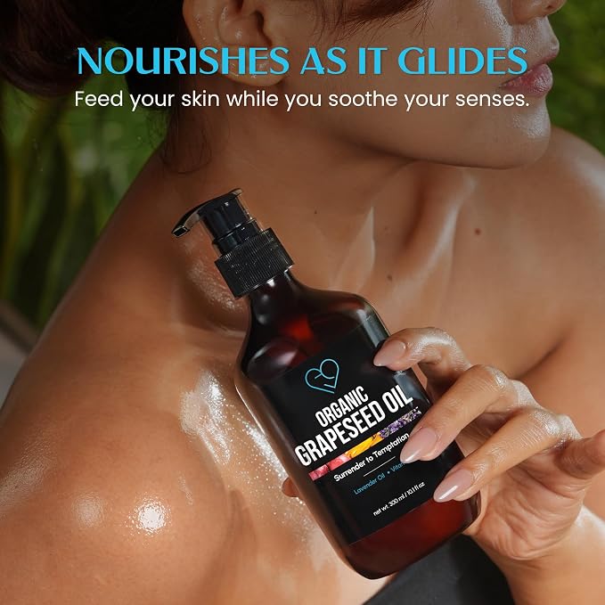 Organic Grapeseed Massage Oil with Lavender & Vitamin E – Lightweight, Non-Greasy Body & Skin Oil for Massage, Aromatherapy & Moisturizing – 16.9 fl oz (500 ml)