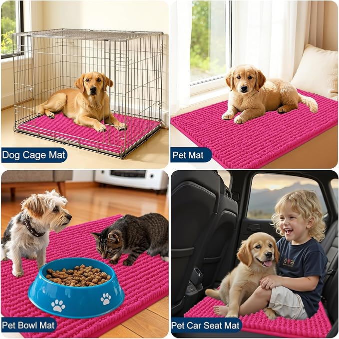 OLANLY Dog Door Mat for Muddy Paws 44x24, Extra Absorbent Chenille Mud Mat | Hot Pink, Absorbs Moisture and Dirt, Non-Slip Machine Washable Doormat, Quick-Drying Indoor Entryway Floor Mat for Dogs