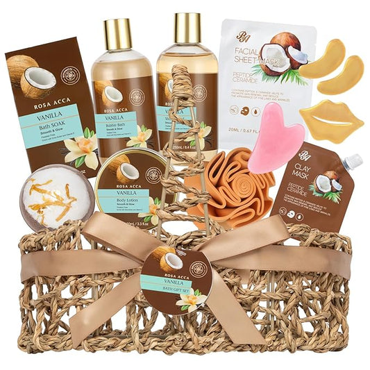 Mothers Day Gifts for Mom, 12pcs Vanilla Coconut Bath and Body Gift Basket Set, Self Care Set, Home Spa Basket Gift, Hydrating Skin Care Set, Anniversary, Birthday, Christmas, Wife