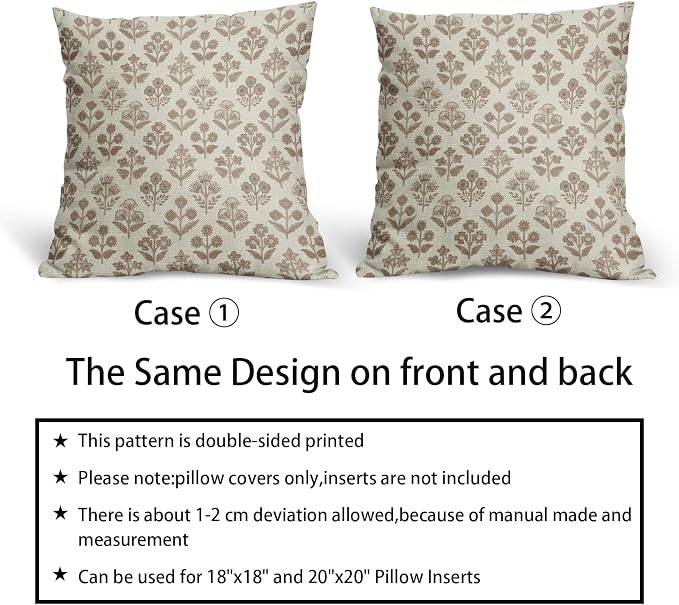 Brown Floral Pillow Covers 24x24 Inch Set of 2, Vintage Flower Block Print Pattern Decorative Throw Pillowcases Outdoor Farmhouse Cushion Covers Spring Summer Rustic Sofa Couch Bed Decor