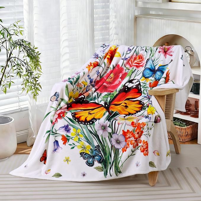 Floral Blanket Ultra Soft Butterfly Flowers Throw Blankets Wildflower Leaves Flannel Fleece Throw Watercolor Warm Cozy Fuzzy Plus Gift Cabin Blanket for Bed Sofa, 50" X 60"