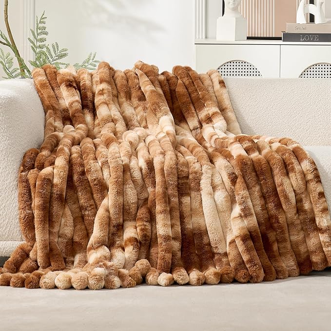 Cozy Bliss Faux Fur Throw Blanket for Couch, Cozy Warm Plush Striped Blanket for Sofa Bedroom Living Room, 60 * 80 Inches Tie-dye Brown