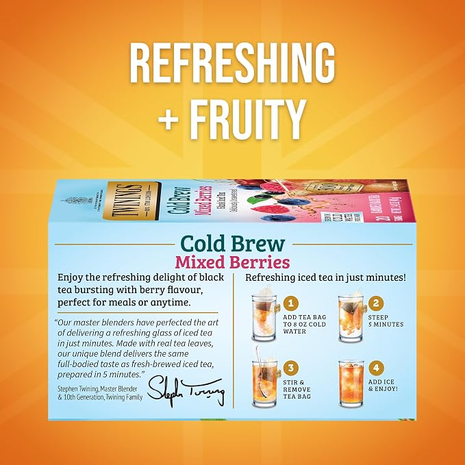 Twinings Mixed Berries Cold Brew Iced Tea Bags, 20 Count (Pack of 6), Unsweetened Flavoured Black Tea, Caffeinated, 120 Teabags