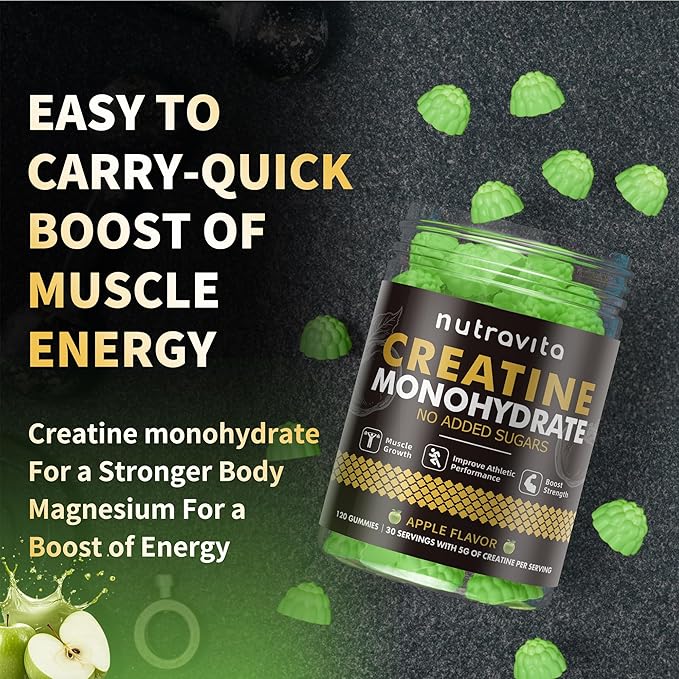 Nutravita Creatine Monohydrate Gummies for Men & Women-5g of Creatine Monohydrate per Serving - Sugar Free,Vegan, Apple Flavor, 120 Count