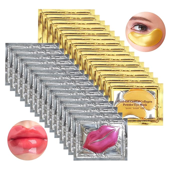 Jakuva 30 Pairs Lip Masks & Eye Masks,Gold Under Eye Patches for Puffy, Moisturizing Lip & Eye Skin, Anti-Aging, Reducing Fine Lines,Nourishing for Face Care
