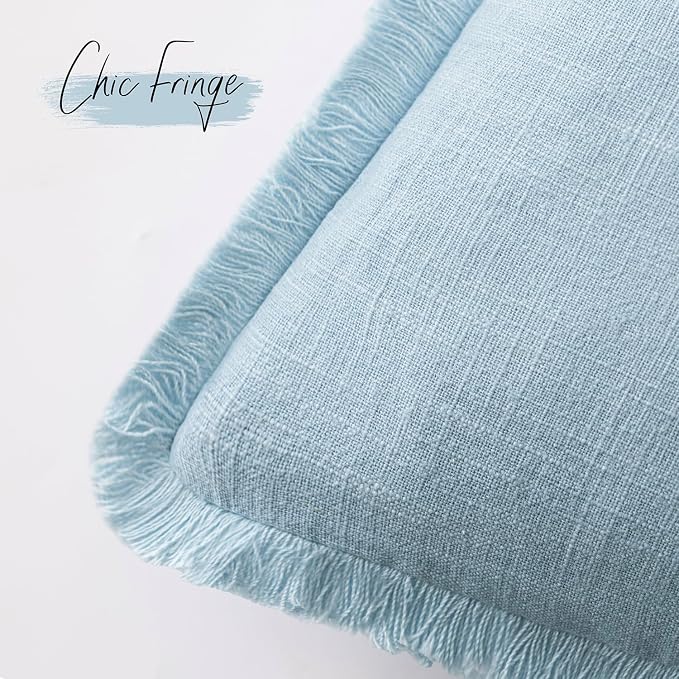 Foindtower Set of 2 Decorative Linen Fringe Lumbar Throw Pillow Covers Boho Farmhouse Cushion Cover with Tassels Soft Accent Pillowcase for Couch Sofa Bed Living Room Home Decor,12×20 Inch,Light Blue