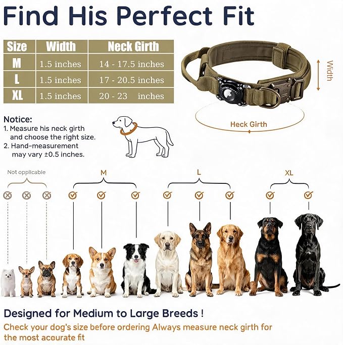 2026 Upgrade Military Tactical Dog Collar with Waterproof AirTag Holder - Heavy Duty Nylon GPS Tracking Collar with Control Handle & Metal Buckle for Medium Large Dogs (Khaki, L)