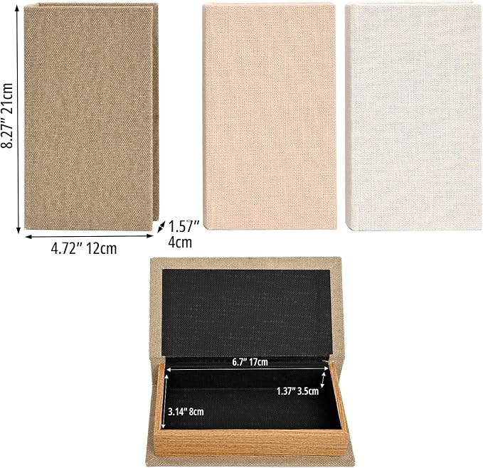 DECOR4SEASON Modern Linen and Wood Decorative Faux Book Boxes Set of 3, 8",Taupe,Beige,Off White