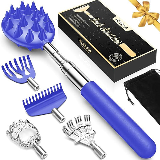 Upgraded Reinforced Telescoping Back Scratcher with 5 Detachable Heads, Larger Scratching Tips, Stocking Stuffer & White Elephant Gifts for for Men Women Adults