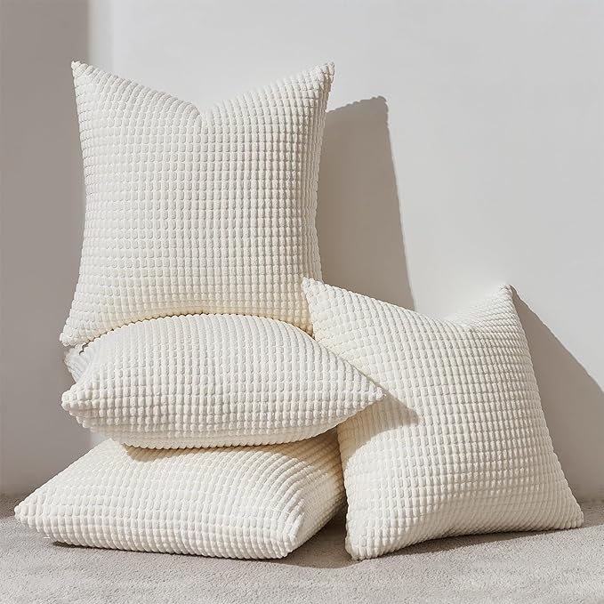 Topfinel 4 Packs Cream White Decorative Throw Pillow Covers 16x16 Inch for Living Room Couch Bed Sofa, Boho Western Farmhouse Home Decor, Soft Plush Corduroy Cute Square Beige Cushion Case 45x45 cm