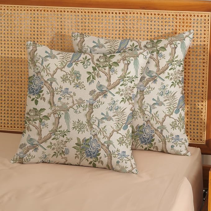 Blue Green Floral Bird Pillow Covers 24x24 Set of 2 Chinoiserie Throw Pillows Green Vintage Flowers Bird Decorative Pillow Cases Outdoor Chinoiserie Decor Farmhouse Cushion Case for Couch Sofa