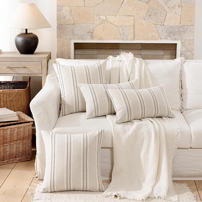 Hckot Striped Throw Pillow Covers 24x24 Set of 2 Charcoal Pillow Covers | Large Farmhouse Decorative Pillows Textured Linen Square Cushion Covers for Sofa Couch Bed Living Room Decor