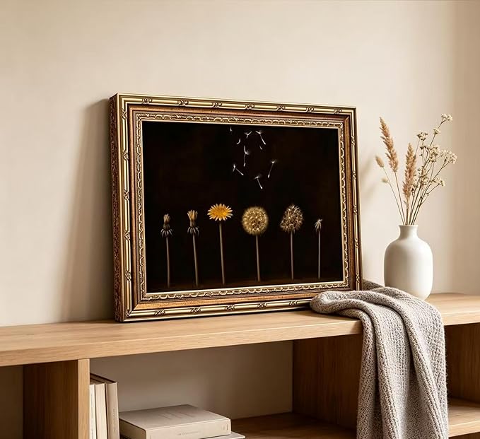 Vintage Gold Framed Dandelion Wall Art Moody Cottagecore Dandelion Painting Canvas Print Gothic Dark Plant Print Poster Wall Decor Botanical Nature Farmhouse Poster Artwork for Living Room Bedroom