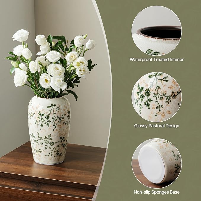 Ceramic Flower Vase for Home Decor, Vintage Green Decorative Vase 8.5 Inch | Rustic Farmhouse Floral Vase for Living Room, Mantel, Coffee Table, Kitchen, Bookshelf, Entryway, Wedding Centerpiece