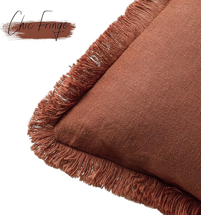 Foindtower Set of 2 Decorative Linen Fringe Throw Pillow Covers Farmhouse Cushion Cover with Tassels Soft Accent Pillowcase for Couch Chair Sofa Bed Living Room Home Decor,24×24 Inch,Fall Rust Orange