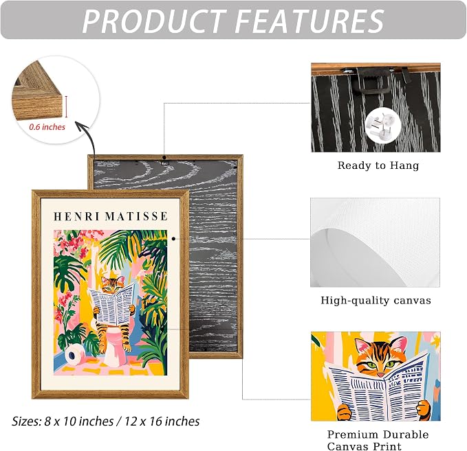 ICHZUMW Framed Funny Tabby Cat Matisse Canvas Bathroom Wall Art, 8x10 In | Humorous Cat Reading on Toilet, Girly Pink Dopamine Bathroom Wall Decor, Restroom Powder Room, Fade Resistant, Ready to Hang