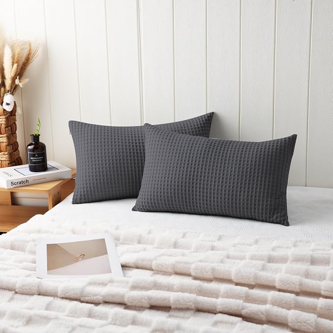 100% Egyptian Cotton 600 TC Waffle Weave Lumbar Pillow Covers 2 Pack | Ultra Soft Breathable Rectangle Throw Pillow Covers, Decorative Cushion Covers for Bed Couch Sofa Car, Dark Grey, 12" x 20"