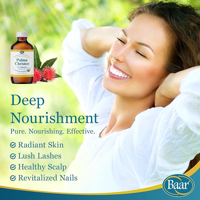 Baar Palma Christos Organic Castor Oil, Cold-Pressed, Hexane-Free, USDA Certified, for Skin, Hair, Massage & Castor Oil Packs, Glass Amber Bottle, 8 oz.