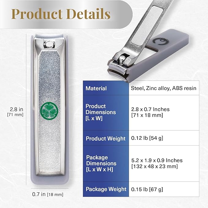 Japanese Nail Clippers, Curved Carbon Steel Blade, Made in Seki Japan, Built-in Nail File & Clippings Catcher, Samurai Design, Fingernail & Toenail Nail Trimmer (Gold)