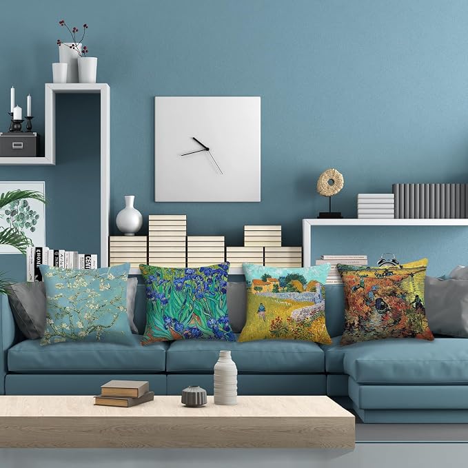 Van Gogh Painting Throw Pillow Covers 18x18 inch Set of 4 Irises Almond Blossom Impressionist Art Pillow Cases Modern Decorative Cushion Covers for Sofa Couch Living Room