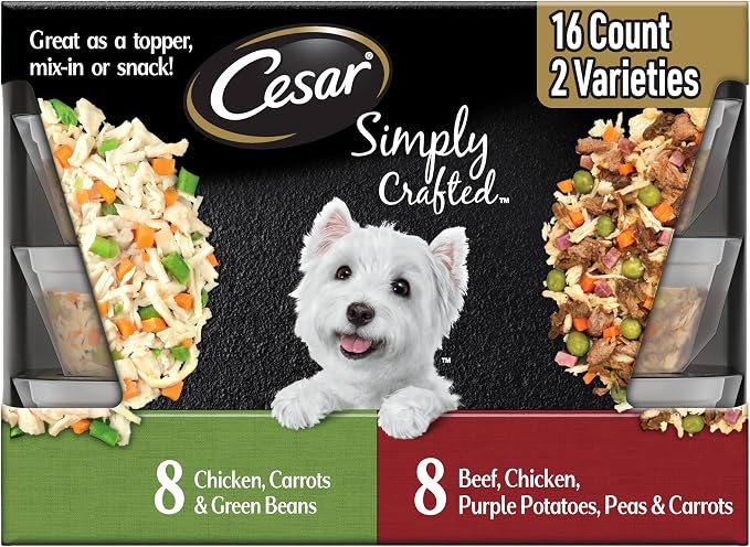 Cesar Simply Crafted Wet Dog Food Toppers, Chicken & Beef, 1.3 oz, 16 Count | Real beef or chicken #1 ingredient, 5 key ingredients or less, fresh vegetables, easy to digest, single-serve tubs