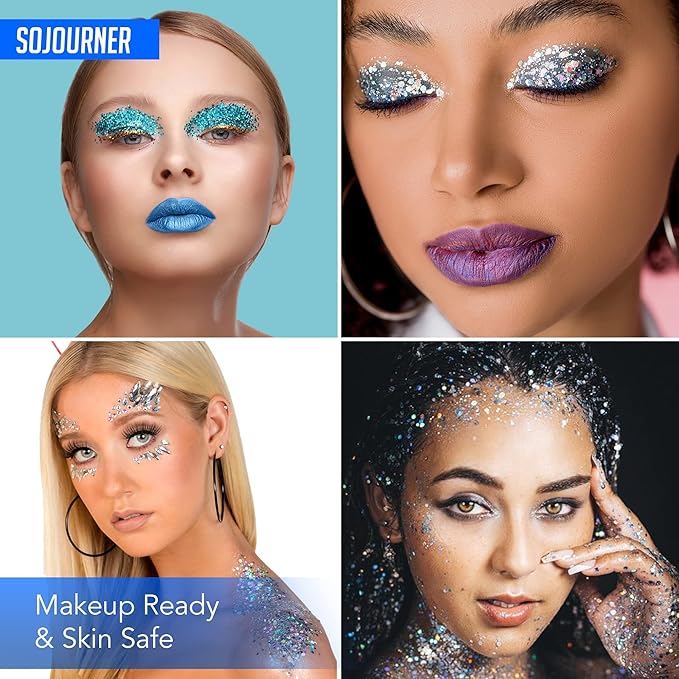 Fairy Tears Chunky Holographic Body Glitter I 16 Colors + Glitter Glue for Face Glitter Makeup, Hair, Eye & Fine Glitter Eyeshadow - Perfect for Halloween, Resin, Tumblers, Craft, Cosmetic & Nail Art