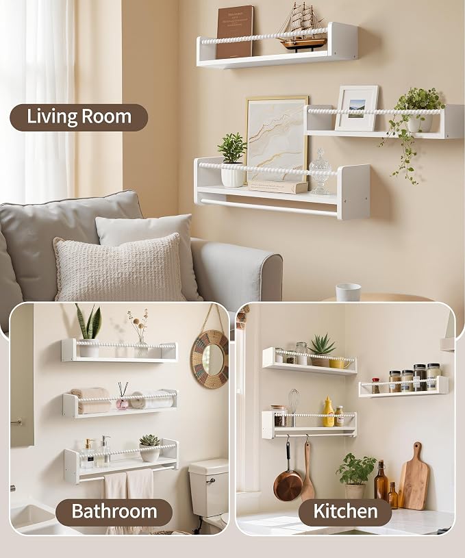 Maxpeuvon Kids Bookshelves for Wall, 23 Inch White Floating Shelf Set of 3 | Natural Wood Nursery Shelves with Towel Bar, Wall Storage for Books, Toys and Decor, for Kids Room, Bedroom, Living Room