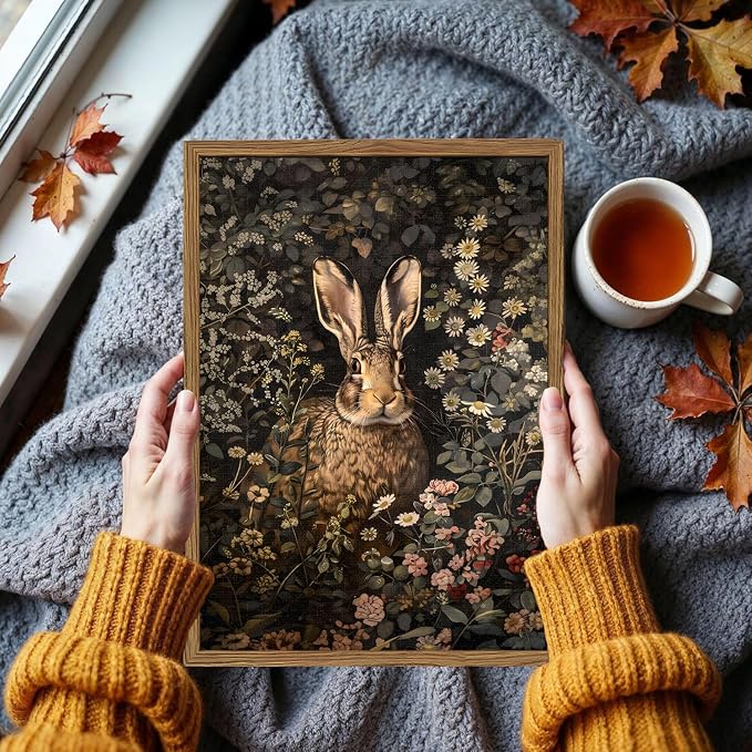 Dark Easter Rabbit Wall Art Vintage Cottagecore Bunny Wall Decor Painting Cute Easter Animal and Flower Poster Canvas Print Pictures for Bedroom Living Room Farmhouse 12x16 inch Wood Framed