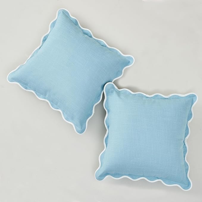 Scalloped Pillow Covers Set of 2 for Living Room | Spring Decorative Sofa Couch Pillows | Boho Sytle Decorative Home | Aesthetic Funky Preppy Pillow Cases (Blue, 18x18 Inch)
