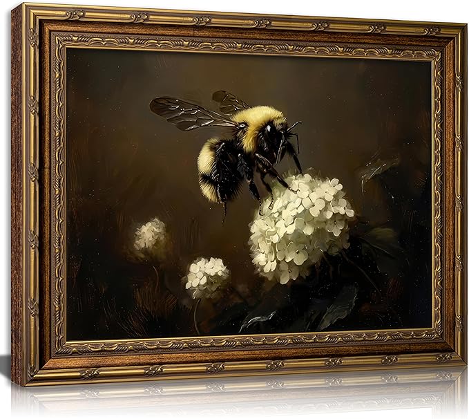 Vintage Gold Framed Bee Wall Art Dark Academia Insect Painting Canvas Print Gothic Moody White Hydrangea Picture Wall Decor Rustic Farmhouse Animal Poster Artwork for Living Room Bedroom Bathroom