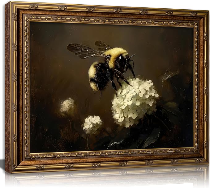 Vintage Gold Framed Bee Wall Art Dark Academia Insect Painting Canvas Print Gothic Moody White Hydrangea Picture Wall Decor Rustic Farmhouse Animal Poster Artwork for Living Room Bedroom Bathroom