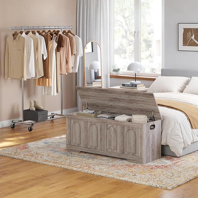 Storage Chest, Wooden Toy Box, Greige 50.0" L | Extra Large Storage Bench, 2 Soft-close Hinges, Finger-safe Flip-Top Lid, Easy Assembly, Farmhouse Trunk, Living Room/Bedroom