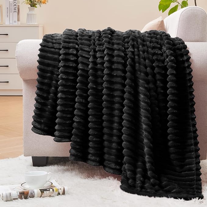 BEDELITE Ribbed Jacquard Black Fleece Throw Blanket for Couch, 50x70 Inch | Soft Warm Decorative Fluffy Blanket, Cozy Plush Lightweight Fuzzy Throw Blanket for Bed Sofa Home Room Decor, Gift for Women