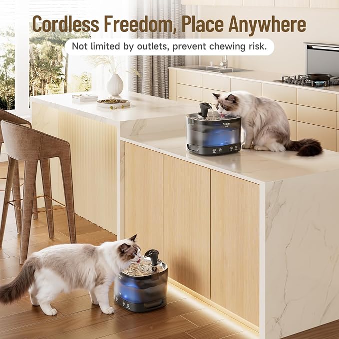 Veken 85oz/2.5L Cordless Cat Water Fountain for Cats, Dogs, Pets, Black | Stainless Steel Tray & Secure Clips, 5200 mAh Battery Operated, Pet Drinking Dispenser, LED Light, Wireless Fountain