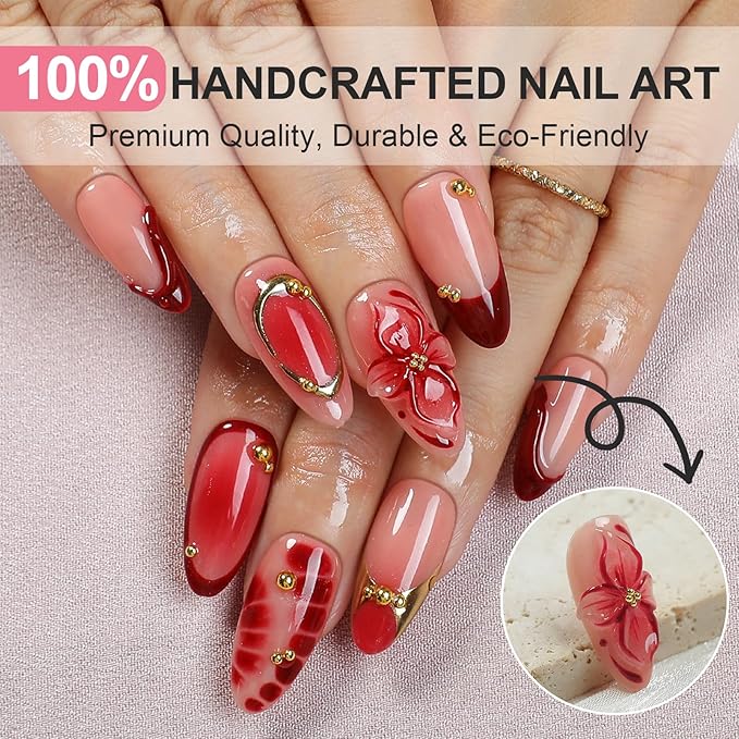 Handmade Press On Nails Almond, Luxury 3D Flowers Rhinestones Design Short Fake Nails, Salon-Quality Reusable, Women's Fall/Winter Gift, 10Pcs