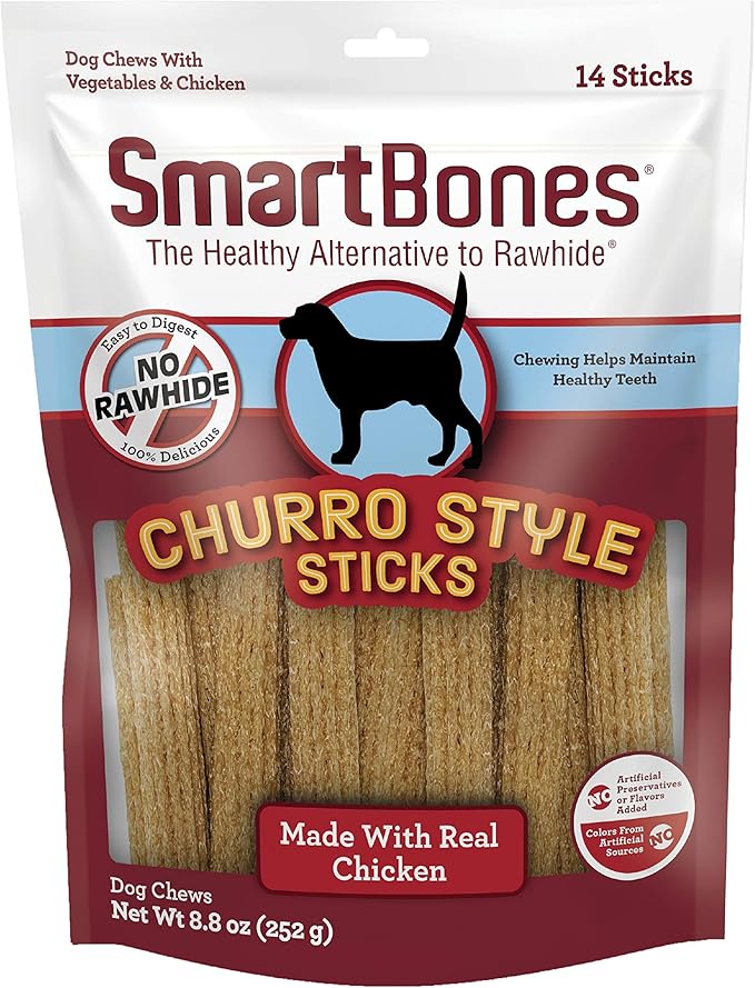 SmartBones Churro-Style Sticks Rawhide-Free Dog Treat, Chicken, 14 Count | With Real Peanut Butter & Chicken, Easy To Digest Chew, No Artificial Preservatives or Flavors, For Adult Dogs