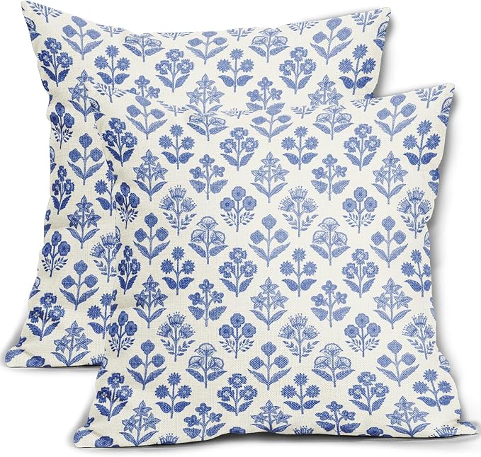 Blue Floral Block Print Pillow Covers 16x16 Inch Set of 2, Vintage Flower Decorative Throw Pillowcases for Home, Outdoors