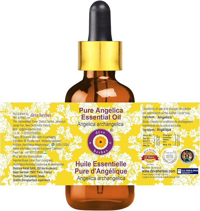 Deve Herbes Pure Angelica Essential Oil (Angelica archangelica) with Glass Dropper Steam Distilled 100ml (3.38 oz)