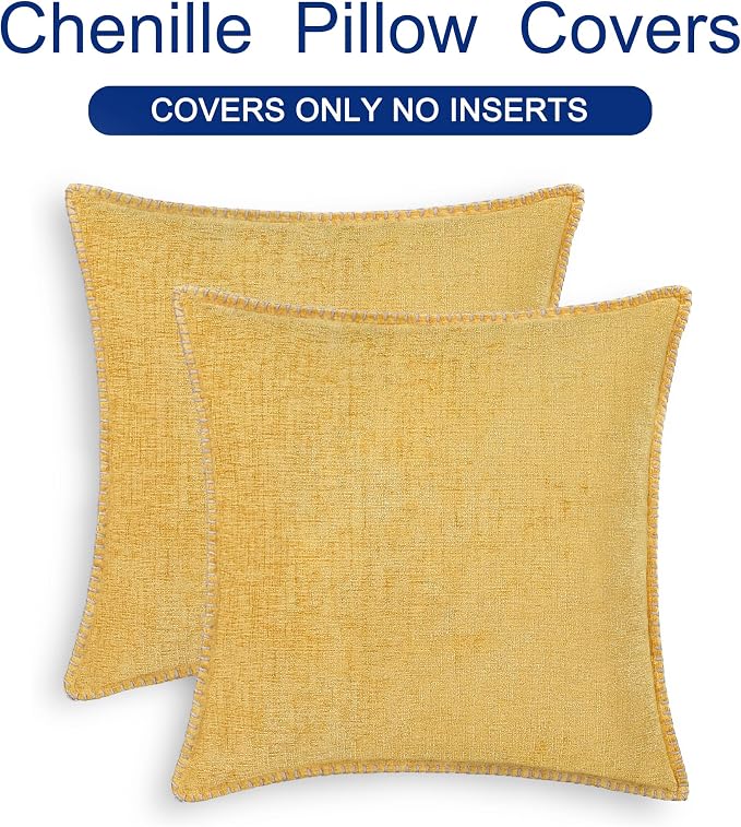 CaliTime Decorative Couch Throw Pillow Covers 24 X 24 Inches Gold | Pack of 2, Cozy Chenille Cushion Cases, Cotton Thread Stitching Edges, for Sofa Bed Living Room Farmhouse