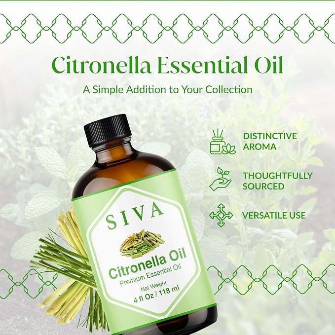 Siva Citronella Essential Oil 4 Fl Oz – for Diffuser, Skin & Hair Care – Ideal for Massage & DIY Blends- with Dropper