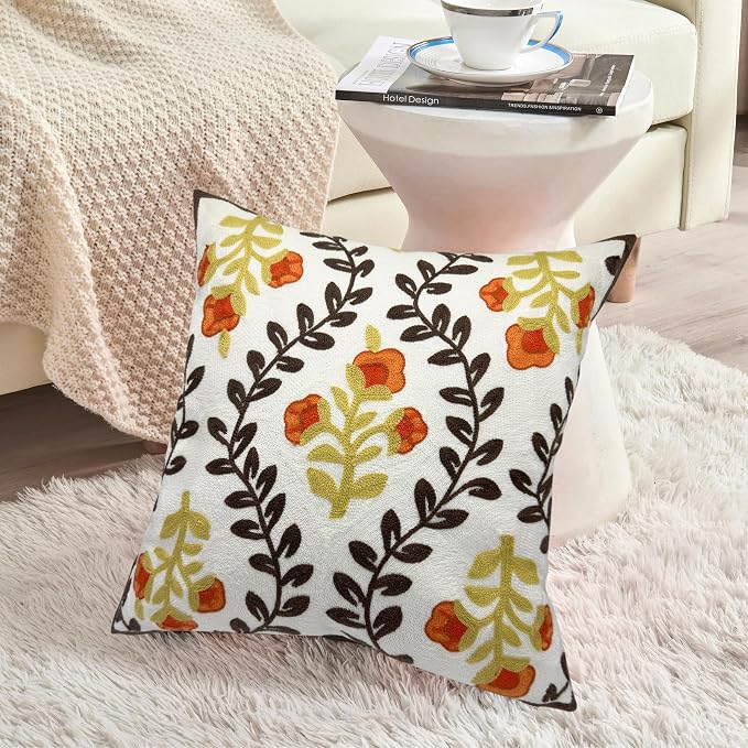 Alysheer Floral Embroidered Fall Decorative Throw Pillow Cover 18"x 18", Farmhouse Cottage Orange Flowers Brown Leaves Knit Pattern Cotton Canvas Cushion Case for Sofa Couch Bed Living Room Decor
