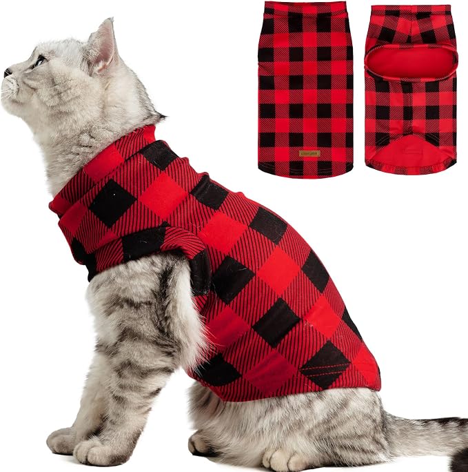 Cat Sweater Warm Fleece Pet Clothes for Cats Only | Soft Cat Vest Puppy Hoodie Coat, Fall Cold Winter Sweatshirt Pullover Clothing also for Small Dogs, Red Black S