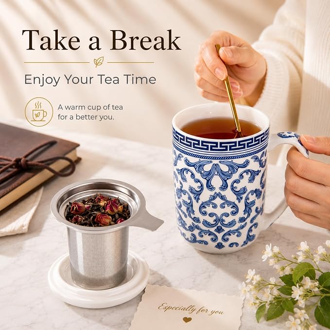 AmorArc Porcelain Tea Mug with Infuser and Lids, 18 Oz Large Cup Strainer with Bag Holder for Loose Leaf Tea, Steeping Coffee Mug for House-Warming Wedding Birthday Gift