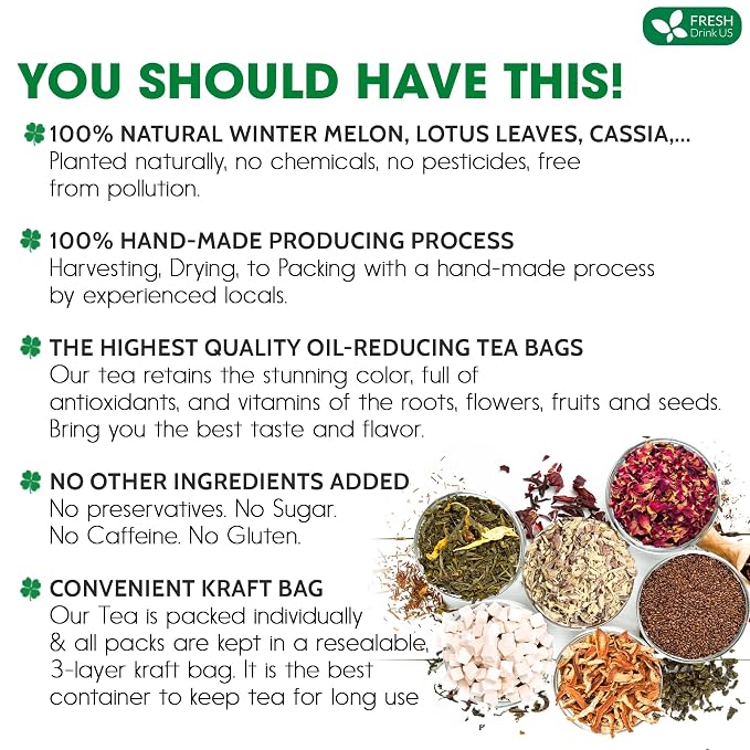 FRESHDRINKUS, 20 Packs of Oil Reducing Tea, Oil Cleansing for Liver, 10 Herbal Ingredients, Traditional Recipe Tea for Liver, 100% Natural, Easy Brewing, Steep Repeatedly