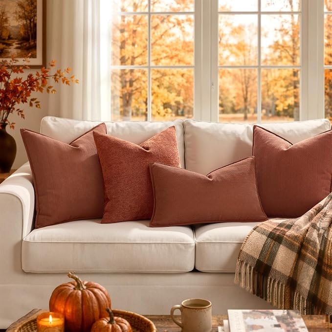 MIULEE Pack of 2 Fall Burnt Orange Decorative Chenille Pillow Covers 16x16 | Soft Couch Throw Pillows,Farmhouse Cushion Covers with Elegant Design for Sofa,Bedroom,Living Room,Spring Home Decor