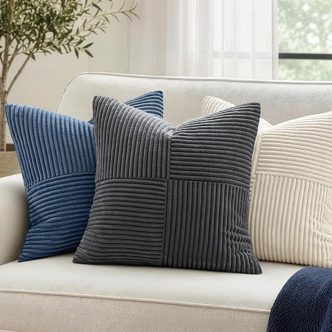 MIULEE Grey Decorative Throw Pillow Covers for Couch 20x20 Inch | 2 Pack, Boho Farmhouse Pillow Covers, Soft Cross Corduroy Patchwork Textured Cushion Cases For Bed Sofa